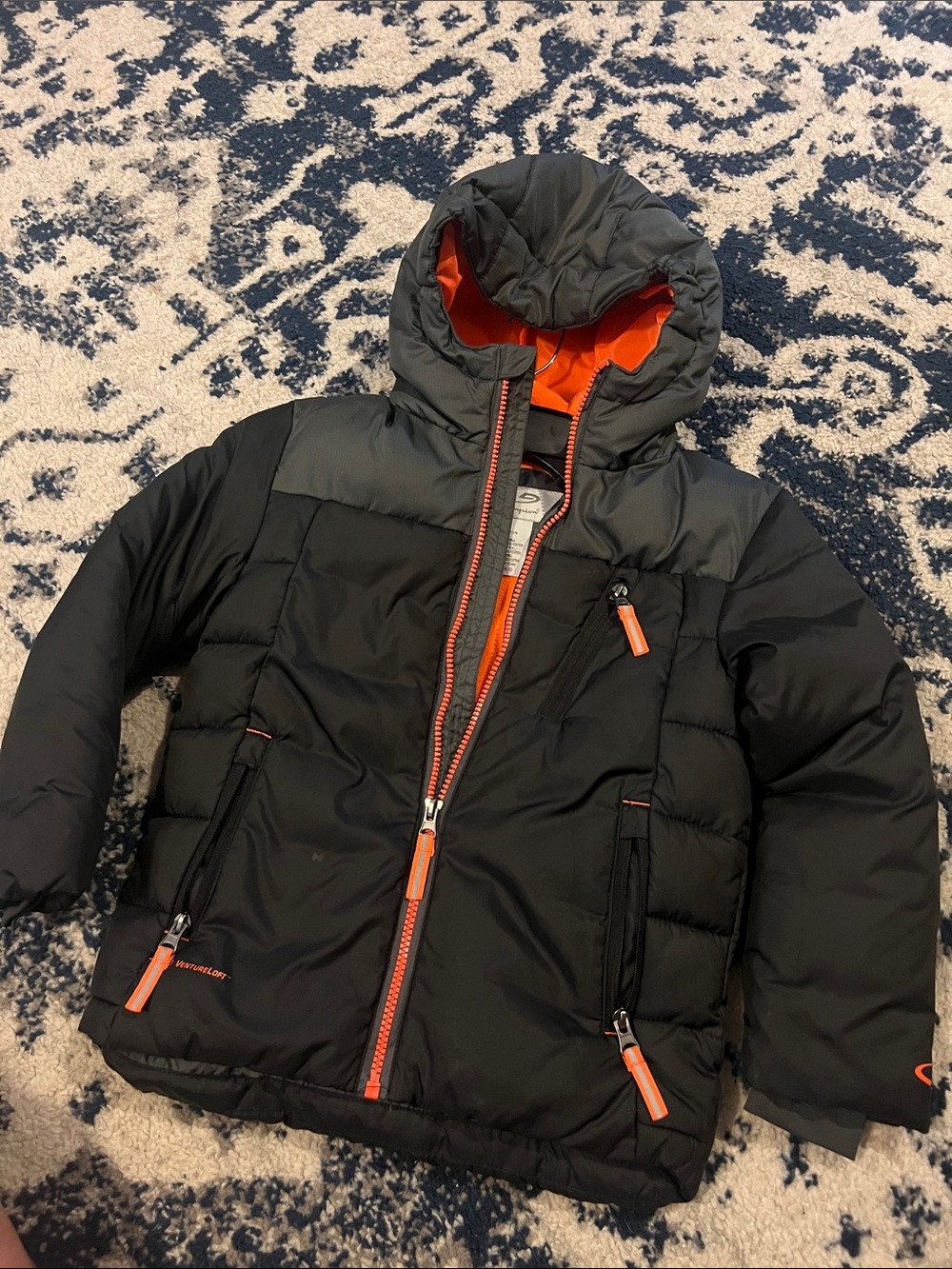 Champion Black Puffer Jacket with Orange Trim - Hooded Kids Coat